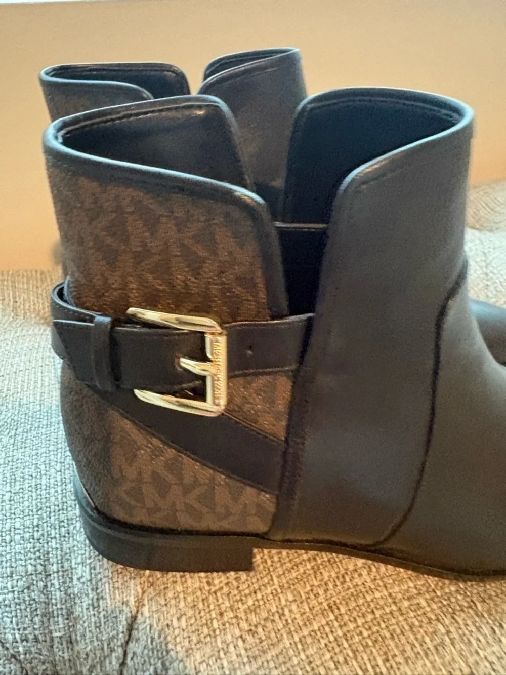 Michael Kors Brown MK Logo Ankle Booties with Gold Buckle